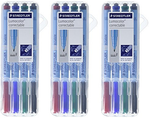 Staedtler Lumocolor 305 F WP4-1 Folienstift, correctable, trocken korrigierbar, 3 Set mit 4 Farben (F-Spitze | 4er Set, Mehrfarbig, 12)