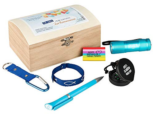 SCHATZKISTE ZUR KOMMUNION JUNGEN – Echtholz-Truhe mit 6 Überraschungen – GESCHENKIDEE ZUR ERSTKOMMUNION für Jungs – Symbolische Kleinigkeiten mit christlichen Motiven – MaMeMi