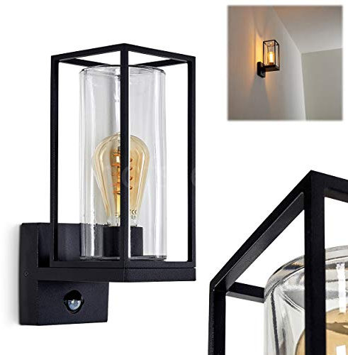 Wandaußenlampe Palanga mit Bewegungsmelder, Außenleuchte aus Metall/Glas in schwarz, 1-flammig, E27, klassische Außenwandleuchte für Terasse, Garten und Fassaden im Industrial-Style, ohne Leuchtmittel