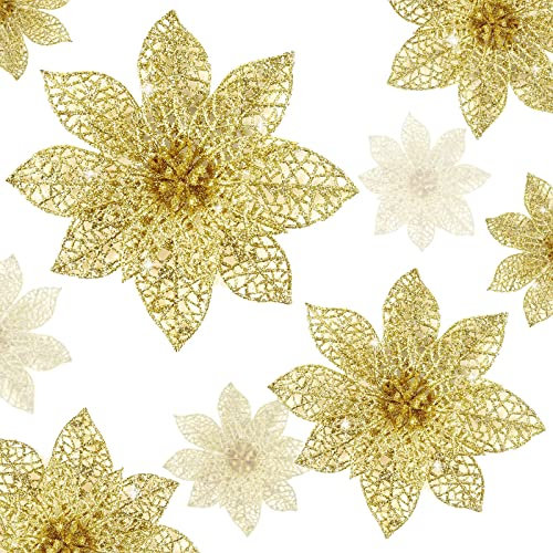 Wironlst 24 Stück 3 Größen Glitzer Weihnachtsstern Blumen Weihnachtsbaum Ornamente, Glitzy Poinsettia Sträucher Weihnachtsdekoration für Weihnachten/Urlaub/Saisonal/Hochzeit (Gold)