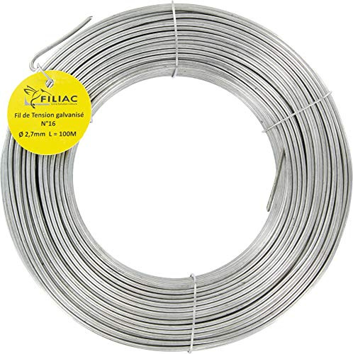 Filiac Fil de Tension galvanisé n°16 - Longueur 100 m - Diamètre 2,7 mm - Argenté