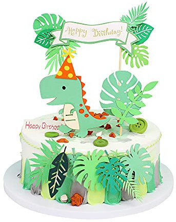 Blumomon Green Dinosaur Cake Toppers Set - Happy Birthday Banner & Decorations for Boy, Girl, Baby Shower & Party