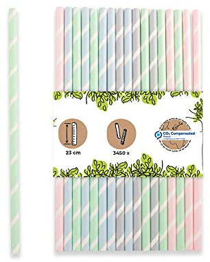 BIOZOYG Pajitas de papel Jumbo 23 cm a rayas color pastel I 0,8 cm de diámetro I Para fiestas o gastronomía I Biodegradable y libre de plástico I Hechas de materiales reciclados I 3450 unidades