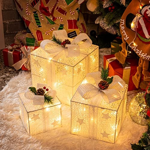 Solpex Set of 3 Christmas Lighted Gift Boxes, 60 LED Light up Present Boxes, 8 Modes Christmas Parcels Lights with Bow for Party, Home, Tree Decoration (White)