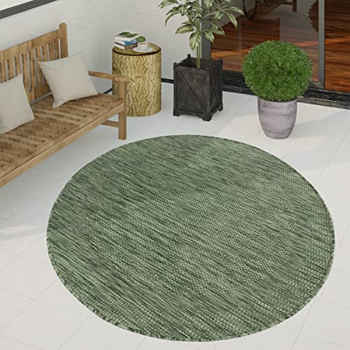 Paco Home Outdoor Teppich wetterfest & pflegeleicht Flachgewebe in Sisal-Optik mit Bordüre UV-beständig Modern für Balkon, Terrasse, Garten, Wohnzimmer, Grösse:120 cm Rund, Farbe:Grün