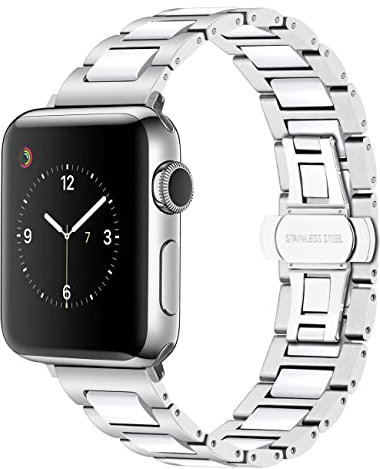 YISIWERA 38mm 40mm 41mm Armband Kompatibel für Apple Watch Weiße Keramik Silber Metall Armband 49mm 45mm 44mm 42mm Edelstahl Ersatzarmbänd für iWatch Ultra Series 9 8 7 6 5 4 3 2 SE für Herren Damen