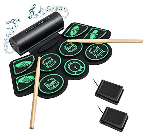 COSTWAY Batteria Elettronica Kit 9 Pad e 2 Pedali, Batteria Elettrica Portatile Roll Up Drum, Altoparlante Integrato, Bacchette Tamburo, per Bambini, Adulti e Principianti, Regalo di Natale (Verde)