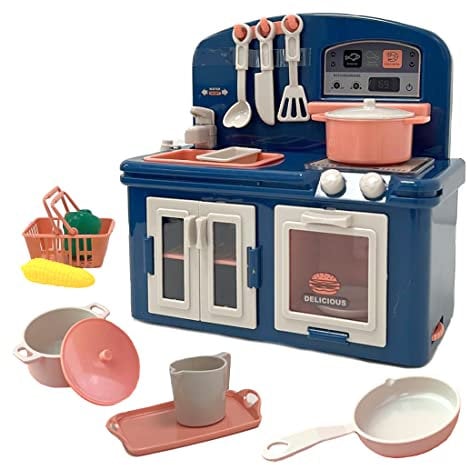 Coo11 Kids Mini Countertop Kitchen Set, Role Play Induction Cooking Stove, Pot, Pan Utensils Set with Oven, Sink, Play Food Basket, Serving Tray, Light & Sound Pretend Play Kitchen Set Toy For Ages 3+