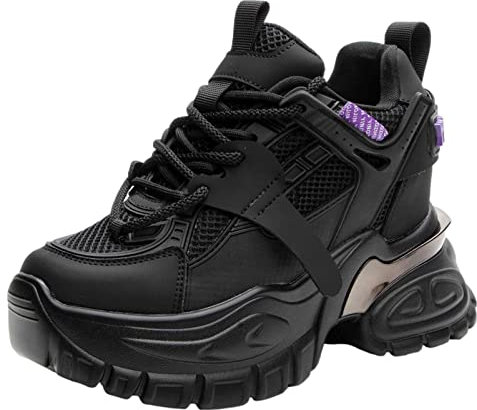 ANUFER Damen Hohe Plattform Chunky Trainer Schuhe Echtes Leder Keilabsatz Turnschuhe Schwarz SN070146 EU38.5