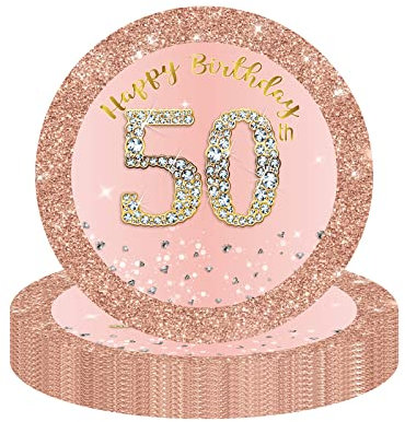 YAAVAAW Happy 50th Birthday Paper Plates, 7 Rose Gold, 16 Pcs Womens Birthday Party Plates, Table Decorations