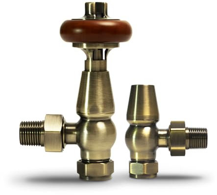 VANCOCO Traditional Angled Radiator Valves 1/2×15mm, Brass Thermostatic Radiator Valve, Cast Iron Antique Thermostat Radiator Thermostat TRV Pair with Solid Wood Handwheel (Antique Brass)