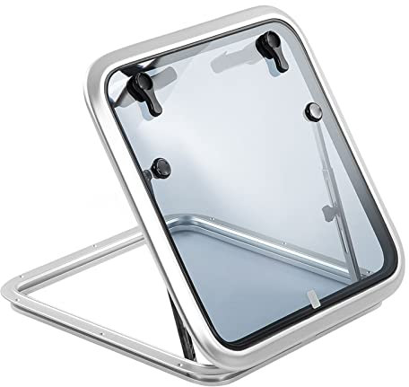 Boat Hatch, 360x360mm Grey Tempered Glass Marine Boat Deck Access Ventilation Hatch Waterproof Square Push Out Porthole Window with Rotary Support Rod for Marine Yacht Rv