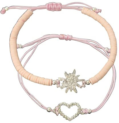 Alpenflüstern Heishi Perlen Trachten-Armband Set Strass-Edelweiss und Herz - Damen-Trachtenschmuck mit Edelweiss und Trachten-Herz silber-farben, verstellbare Armketten (rosa-rosé) DAB079