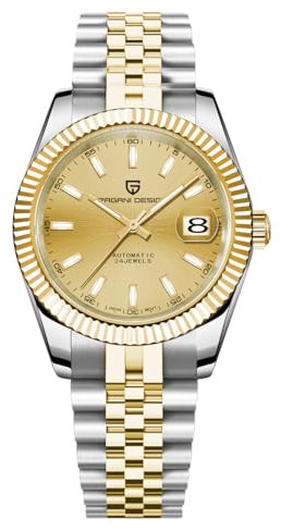 Pagani Design Herren-Automatikuhr Mechanisches Uhrwerk Verschraubte Krone Wasserdicht bis 100 Meter Edelstahlgehäuse Saphirglas Zifferblatt 21 Juwelen Gelbgold Luxusuhr PD 1645 (Silber und Gold)