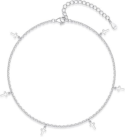 Bewenda Silber Kreuz Fußkettchen für Frauen, Sterling Silber 925 Damen Fußspange, 22+5cm Lang Flexibel Verstellbar Fusskette Armband, Stilvoll Wasserfest Sommer Barfuß Strand Fußbändchen Knöchel-Kette
