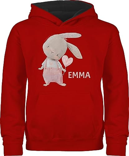 Pullover Kinder Hoodie Jungen - Süßer Hase Mädchen mit Name personalisiert I Häschen I Rabbit I Langohr I Süße Hasen - 152 (12/13 Jahre) - Rot/Schwarz - personalisierter hasenmotiv Emma Pulli