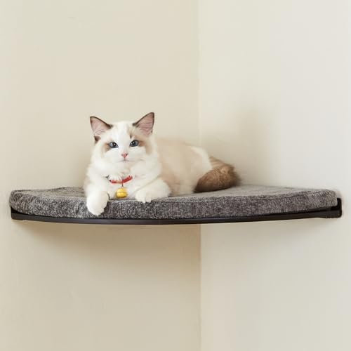 LIORCE Eck-Katzenbett zur Wandmontage, Katzenregal mit bequemem Kissen, minimalistisches Katzenmöbel für Indoor-Katzen, Kletterstange für Wand, Walnuss