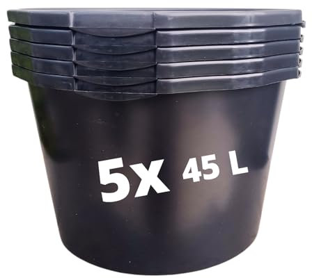 STELLA GREEN - Mortero de 40 – 80 litros – Cubo de mortero – Bandeja de plástico – para jardín – construcción – hogar – grande – XXL – Negro – Maceta para bancal alto 45 L x 5 unidades (redonda)