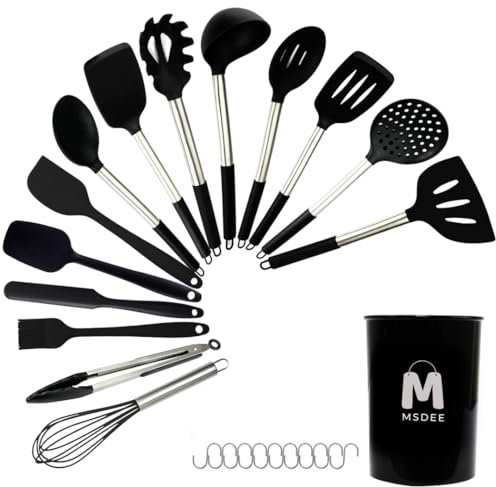 M MSDEE Cooking Utensils Set-16 Pcs Kitchen Utensils, Cooking Turners Gadgets Tools, Kitchen Accessories Heat Resistant Spatula Ladle Spoon for Non Stick Cookware (Stainless Steel)