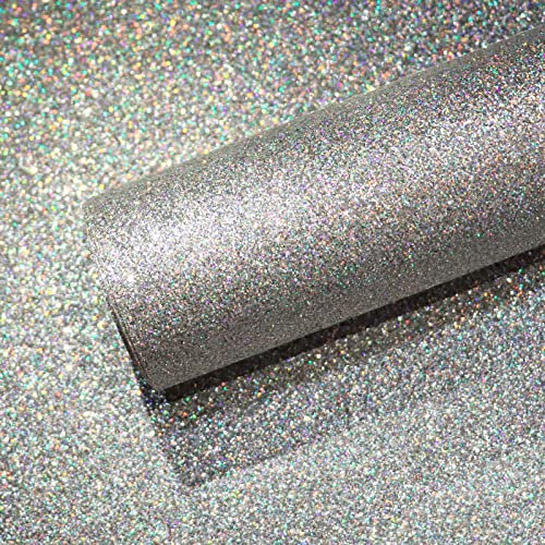 VEELIKE Glitzer Tapete Silber 40cm×900cm Glitzerfolie Möbelfolie Glitzer Dekorfolie Selbstklebende Folie Ornamente Wandtapete Luxus Tapeten Schlafzimmer Klebefolie Möbel Schrankaufkleber Badezimmer