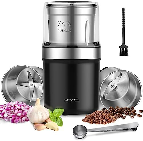 KYG Macinacaffè Elettrico per Semi di Lino, Pepe, Spezie e Chicchi di Caffè, 2 Ciotole Rimovibili in Acciaio Inossidabile per Macinatura a Secco e ad umido 300W