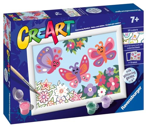 Ravensburger - CreArt Serie E Classic - Mariposas de purpurina, Kit para Pintar por Números, Contiene una Tabla Preimpresa, un Pincel, Colores y Accesorios, Juego Creativo para Niños y Niñas 7+ Años