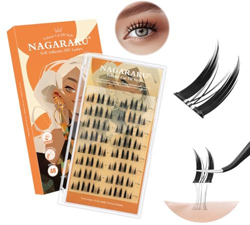 NAGARAKU Pestañas Autoadhesivas 48 Racimos DIY Pestañas Adhesivas Presión Automática Sin Pegamento Ni Removedor Reutilizables Prepegados Self Adhesive Eyelash Volumen Gato Elfo (0,07mm C 11-13mm)