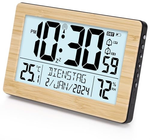 VINILITE Alarm Clock Digital Radio-Controlled Table Clock with Large LCD Display, Calendar, Temperature, Humidity, Backlight, Battery Operated