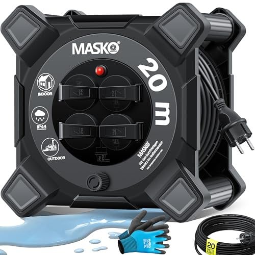MASKO® Kabeltrommel 20m | Verlängerungskabel mit Schutzkontaktsteckdosen & Wickelgriff | Outdoor Kabelaufroller Thermoschutz | Gerätetrommel IP44 1000W ~ 3000W | inkl. Tragegriff und Montagehandschuhe