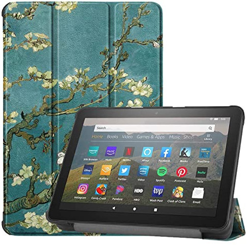 ODQQDO Fire HD 8 & HD 8 Plus Tablet Hülle(10/12 Gen, 2020/2022/2024), Nicht für Dreifach Faltbarer Vorderseite aus Leder und TPU Rückseite, Auto Schlaf/Aufwach(Apricot Blossom)