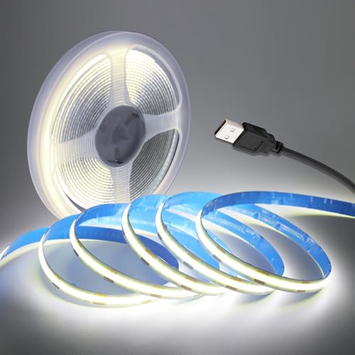KISUFU 5V USB COB LED Strip Light, 8MM 320 LEDs/m LED Tape Lights High Brightness Flexible USB Powered Strip Light for TV Backlight, Cupboard, Mirror, Wardrobe, Home Decor