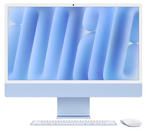 Apple iMac Computer desktop all-in-one: Chip M4, CPU 8-core e GPU 8-core: display Retina 24'', 16GB di memoria unificata, 256GB di archiviazione SSD, con accessori. Per iPhone/iPad; Azzurro