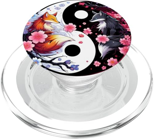 Kitsune Sakura Blumenblüte in Ying Yang Retro Ästhetik PopSockets PopGrip für MagSafe