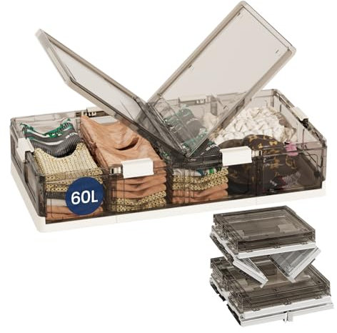 Heikoeco® Unterbett Aufbewahrungsbox mit Rollen Kunststoff, faltbare Aufbewahrungsbox mit deckel & 2 transparente Türen, stapelbare Unterbettkommode mit Rollen, Clipverschluss (60L-81x41x18cm)