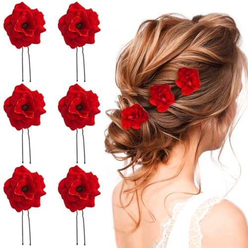Rose Flower Hair Clips U Shape Rose Floral Bobby Pins Bridal Hair Pin Bridesmaids Head Hairpin Women Hair Accessories for Bridal Wedding Party (Red, 6pc)