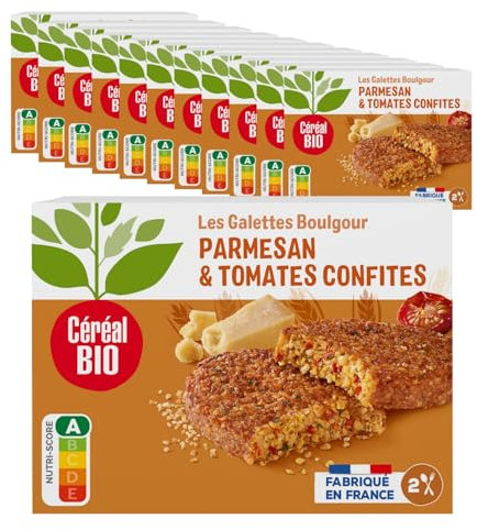 Céréal Bio Galettes Boulgour de blé, Parmesan & Tomates confites - Bio - Simple et Rapide à Réchauffer - Lot de 12 boîtes (12 x 200g) - 208857