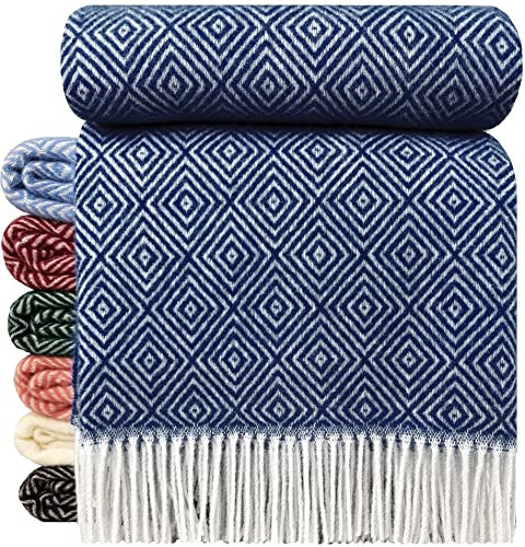 STTS International Wolldecke 100% Schurwolle Wohndecke 140 x 200 cm Tagesdecke Schurwolldecke Woll-Plaid Tirol in vielen Farben erhältlich (Blau (D-V))