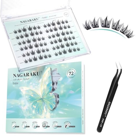 NAGARAKU Cils Auto-Adhésifs avec Pince 72 Fans Self Adhesive Lash Volumineux Monobloc Flocons Fins Sans Dissolvant De Colle À Presser Grappes Réutilisables Pré-Collés Maquillage Épais (C Curl Guppy)