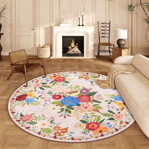BYBSRLL Runder Teppich 160 cm, Waschbar & Rutschfester Weicher Kurzflor Rund Teppich, Vintage Blumen Boho Muster, für Wohnzimmer, Schlafzimmer, Kinderzimmer, Gastzimmer, Esszimmer, Büro, Hellrosa