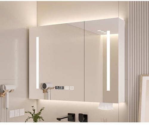 LED Badezimmer Spiegelschrank mit Beleuchtung Wandmontage Schminktisch Aufbewahrung Nebelloser Spiegel Uhr Temperaturanzeige Taschentuchhalter - Moderner Spiegelschrank für stilvolle Badezimmer