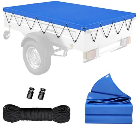 Anhänger Plane inkl, 211x116x6cm PKW Anhängerplane mit Ösen, 600D PVC Material, Anhänger Abdeckplane wasserdicht, für 500kg PKW Hänger, Abdeckplane Anhänger Abdeckung Blau