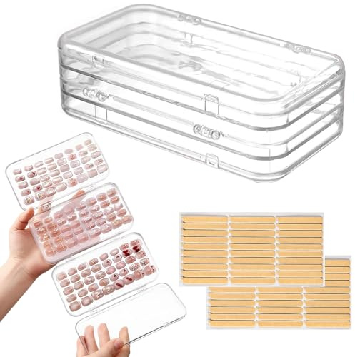 Fold Press on Nail Organizer Case, 4-Page Portable Nails Storage Box with 60 Strips Adhesive Double Sided Tape, Clear Plastic Packaging Box for Fake Press On Nails, Travel Portable Nails Set Holder