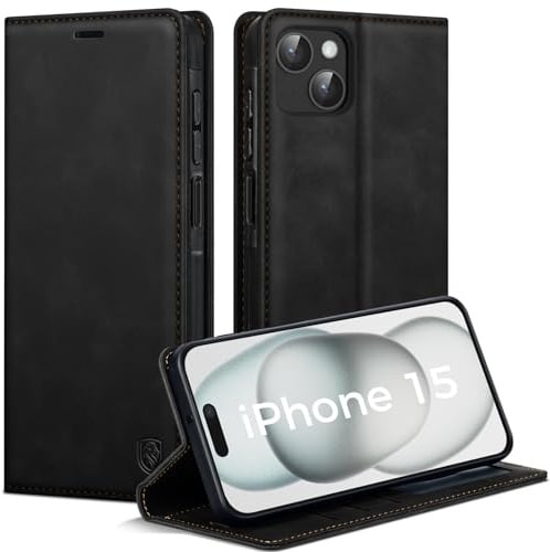 AIMOYU Handyhülle für iPhone 15 Hülle, Premium PU Leder Klapphülle Schutzhülle, Tasche Magnet Kartenfach Standfunktion Flip Case Hülle für iPhone 15, Schwarz