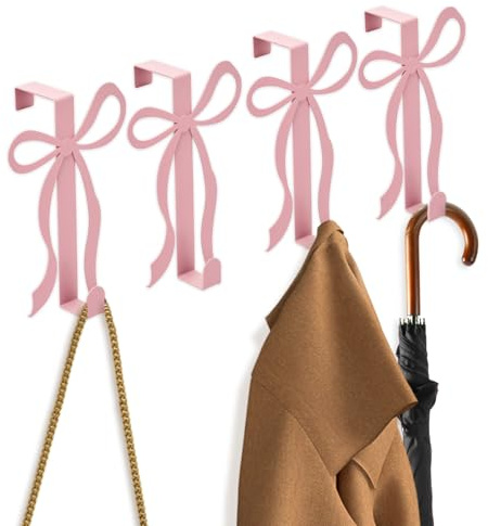 harupink Ideen mit Schleife Deko- Fensterhaken - & Türhaken, stabile Türhaken zum Einhängen, platzsparende Kleiderhaken Tür, Türgarderobe Haken für gesamte Wohnung, Rosa, 4 Stück(Schleife)