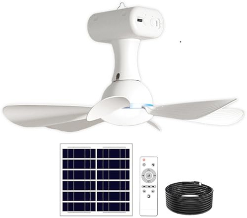 Lawnrden Ventilador de techo portátil, ventilador de techo solar con control remoto portátil con batería de 6000 mAh, panel de 6 W para uso en interiores y exteriores en dormitorio, patio, camping