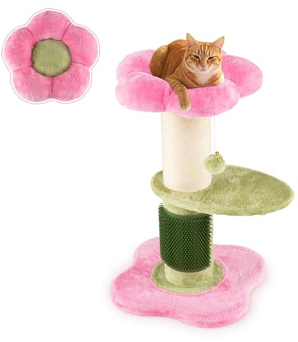 GYMAX Multi-level Cat Tree, Flower Cat Tower with Padded Plush Perch, Sisal Scratching Posts, Self Groomer and Hanging Ball, Modern Cute Pet Furniture for Indoor Cats (Pink+Green+White)
