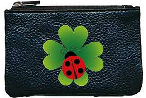 Petit Porte Monnaie en Cuir Porte cles Noir Motif Trefle Coccinelle
