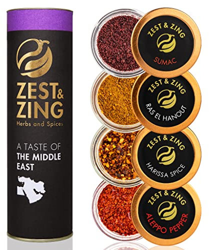 A Taste of The Middle East Spice Gift Set (Aleppo Pepper, Ras El Hanout, Sumac, Harissa) - Premium Spice Gift Sets by ZEST & ZING. Christmas, Housewarming, Birthday, Wedding Gifts for Foodies.
