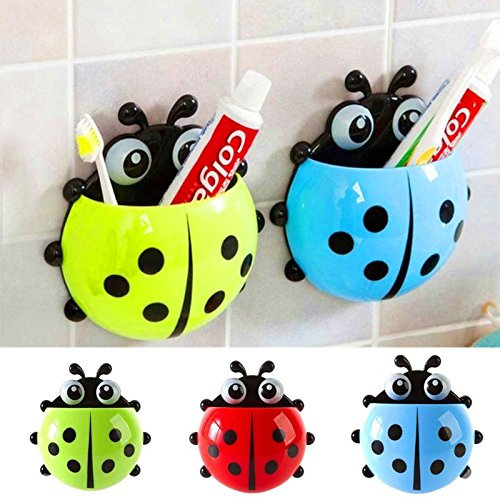 YuamMei 1 stück Nette Kreative Cartoon Marienkäfer Kinder Wand Saug Zahnbürste Zahnpasta Halter Badezimmer Lagerregal Reiseveranstalter Box (Blau)