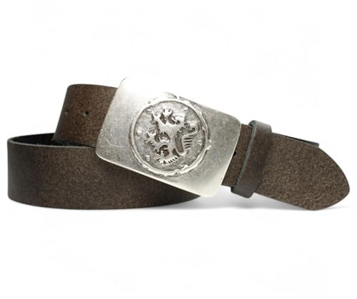 FRONHOFER Trachtengürtel mit bayerischer Gürtelschnalle in Altsilber, 4 cm 18530, Größe:Körperumfang 95 cm/Gesamtlänge 110 cm, Farbe:Trachten-braun